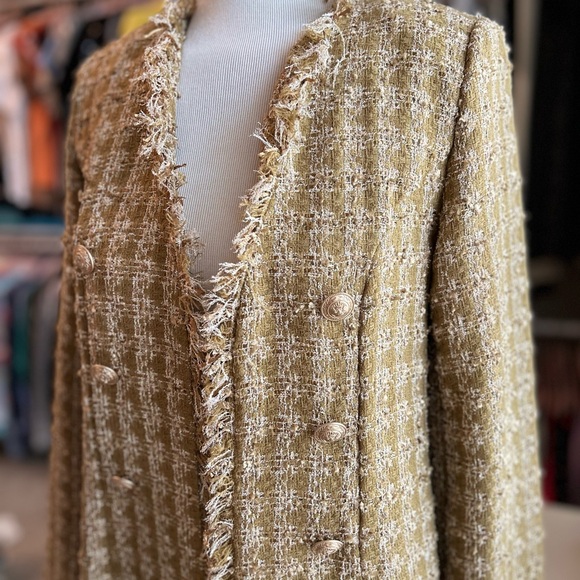 Elie Tahari Metallic Gold Tweed Long Coat Size Small NWT - Picture 3 of 8